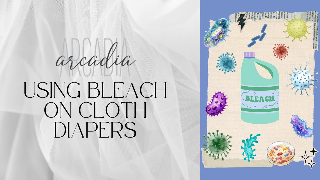 A graphic that says "Using Bleach on Cloth Diapers" on a chiffon background, next to a collage featuring an illustration of a bleach bottle, and illustrated pathogens like bacteria and viruses