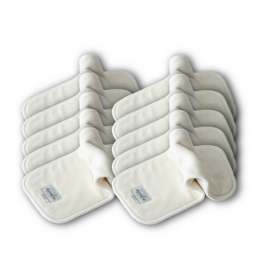 A set of 10 white cloth diaper inserts with a white background
