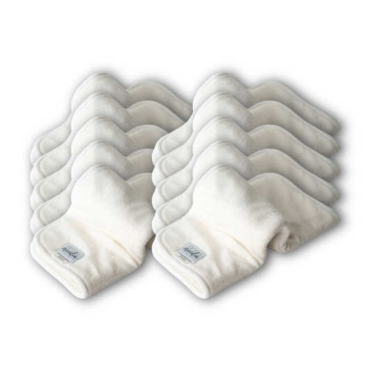 A set of 10 cloth diaper doubler inserts, a bi-fold/ bookfold style, against a white background.