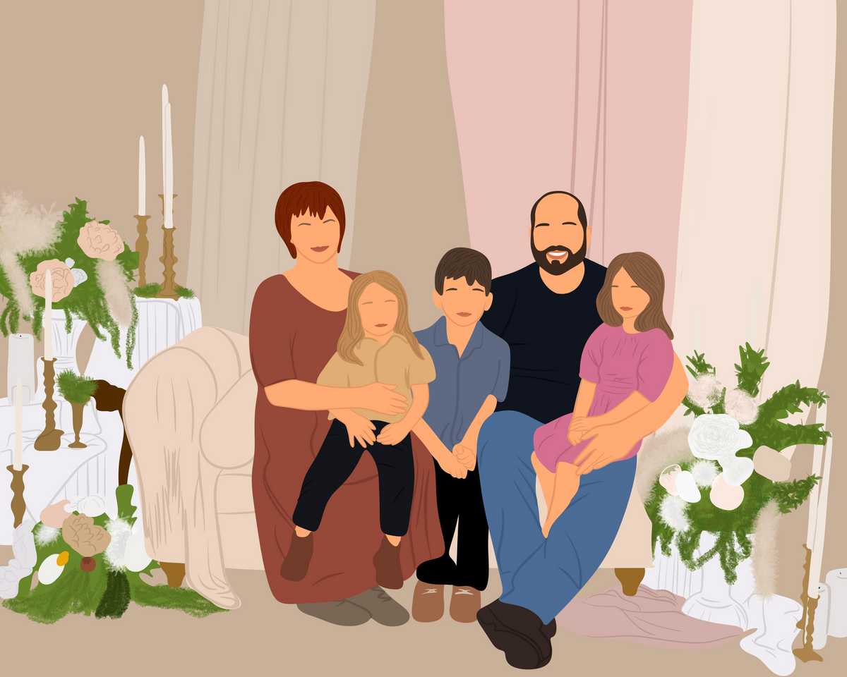 Illustration of our family sitting together in a decorated room with flowers and candles. The image is a minimalist, faceless style based on a real photo taken of our family.