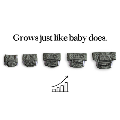 A graphic showing the same adjustable arcadia's nursery cloth diaper in it's 5 different sizes. The text reads "grows just like baby does" and a small graphic ofa uptrending chart