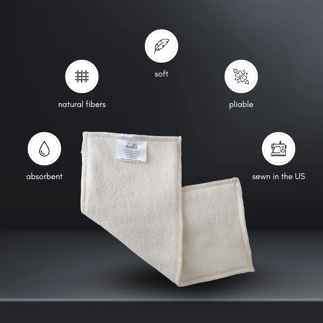 A graphic showing a hemp cotton insert and the perks. There is a photo of the cloth diaper insert in the middle, with the benefits around it in a semicircle. The features listed read "absorbent, natural fibers, soft, pliable, sewn in the US"