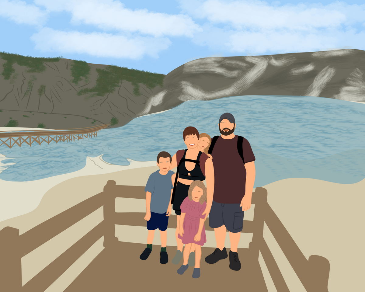 Our family of five standing on a wooden deck by mammoth hot springs with mountains in the background in Yellowstone national park. The image is a minimalist, faceless style based on a real photo taken of our family.