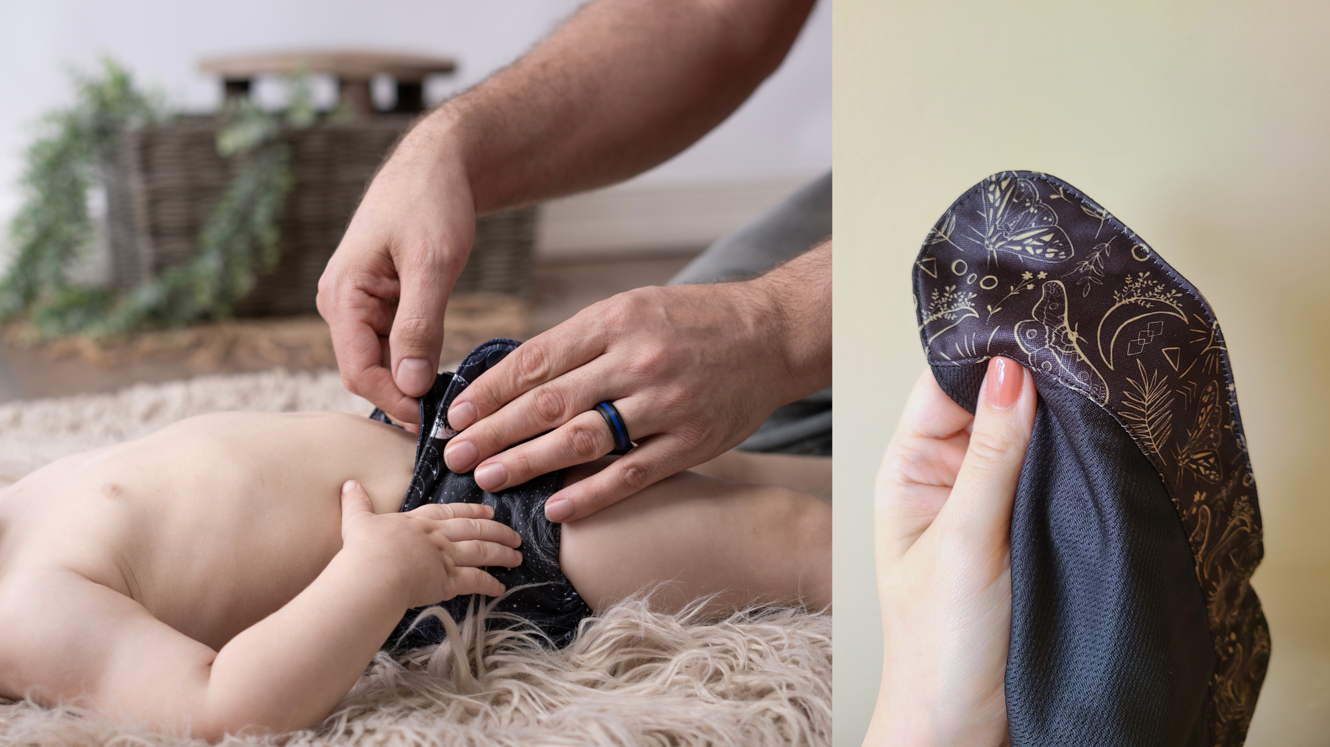 A 2 photo collage. On the left is a dad snapping the cloth diaper closed on his baby. On the left is a photo of a cloth diaper in a woman's hand, the diaper has gold moons and moths on the tummy panel, and black awj.