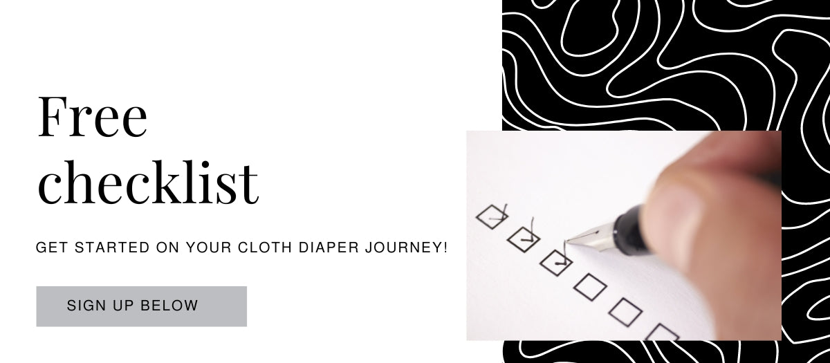 a graphic with a closeu up photo of someone checking off boxes on a check list. The text reads "Free checklist, Get started on your cloth diaper journey! Sign up below"