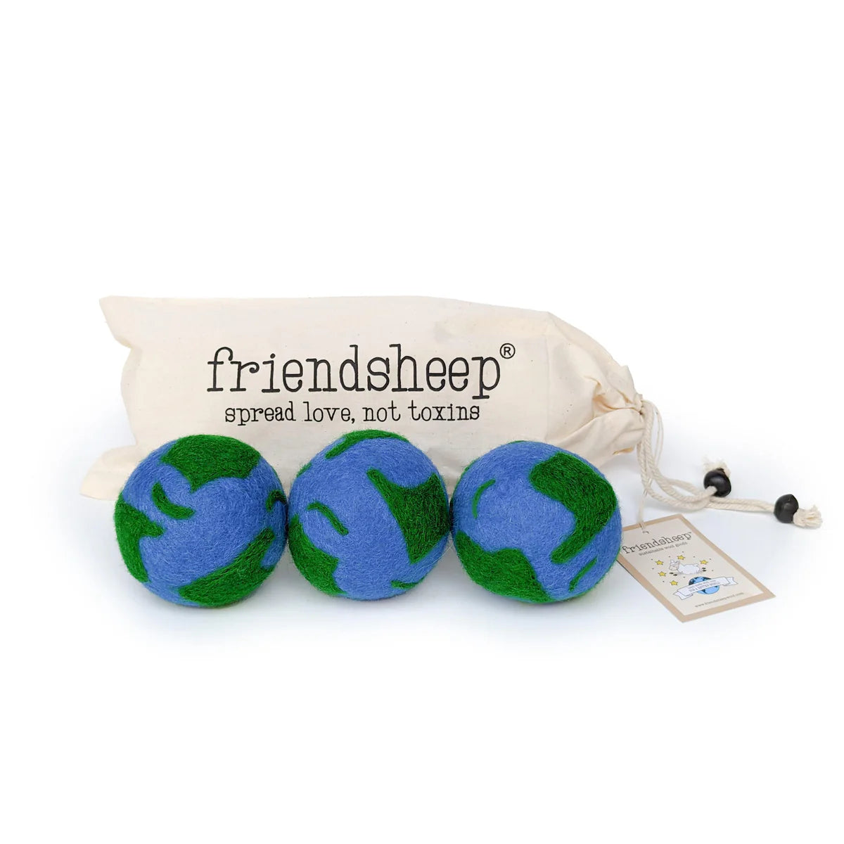Three wool dryer balls with an earth pattern with a drawstring bag featuring 'friendsheep' branding on a white background.