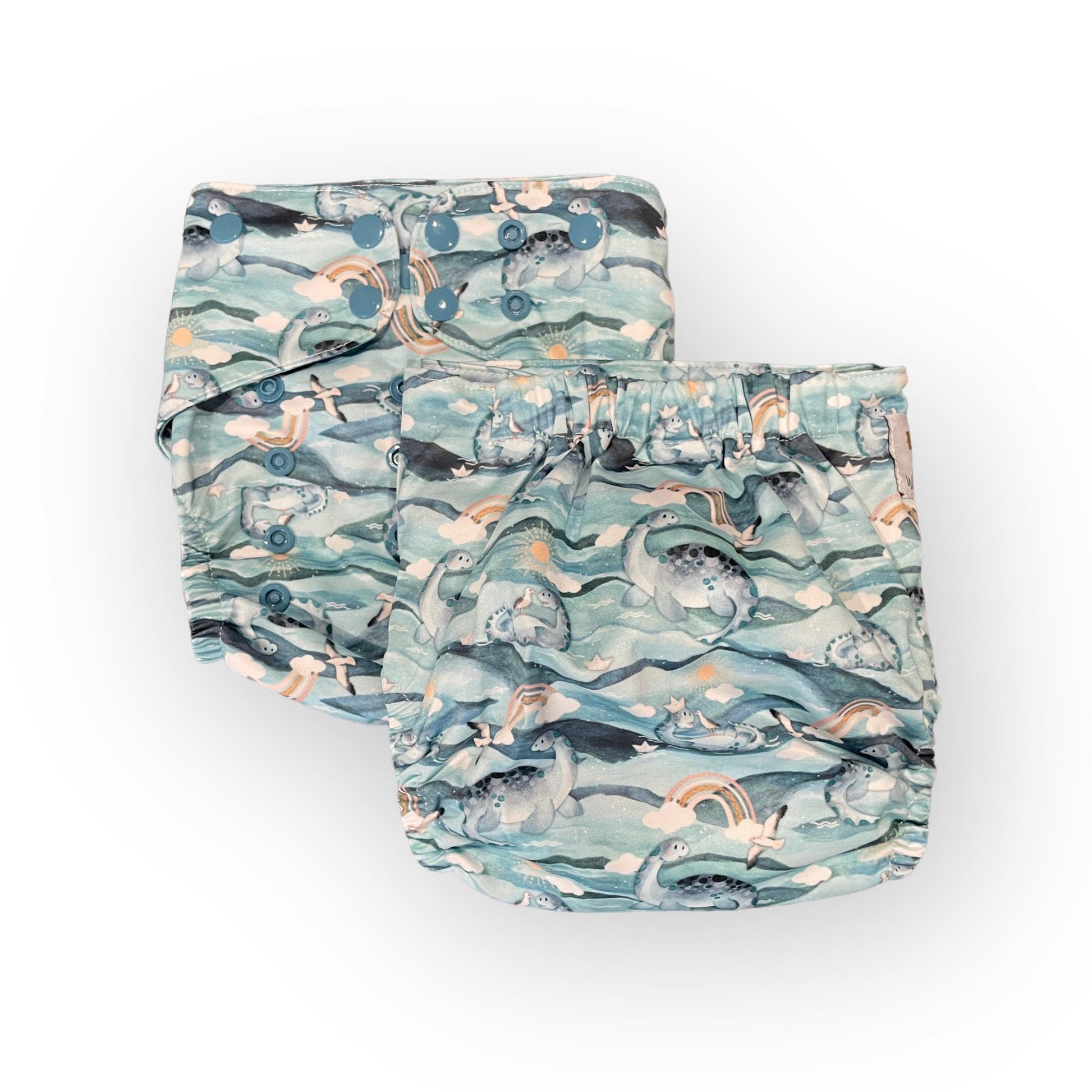 Photo showing 2 pocket cloth diapers with the same print, one from the front and one from the back. They are blue pocket cloth diapers with illustrations of sea gulls, plesiosaurus, brown rainbows, clouds, the sun and water.