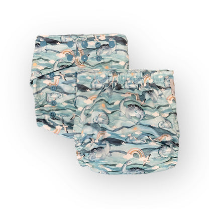 Photo showing 2 pocket cloth diapers with the same print, one from the front and one from the back. They are blue pocket cloth diapers with illustrations of sea gulls, plesiosaurus, brown rainbows, clouds, the sun and water.