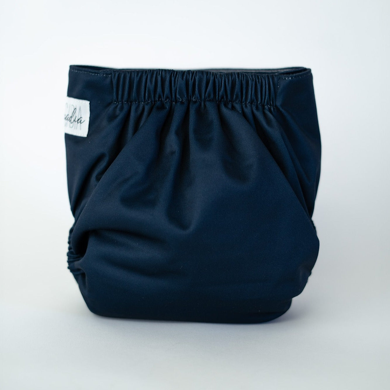 A solid blue cloth diaper, from the back, against a plain white background. 