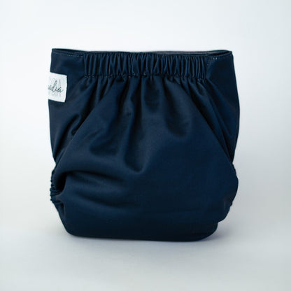 A solid blue cloth diaper, from the back, against a plain white background. 